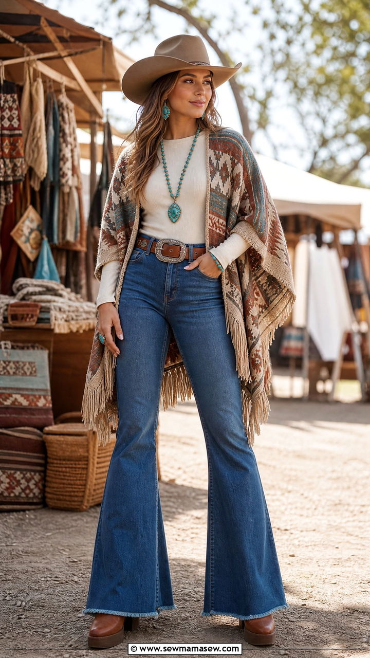 Cowgirl Outfit with Poncho and Flared Jeans - 30 cowgirl outfit ideas for women
