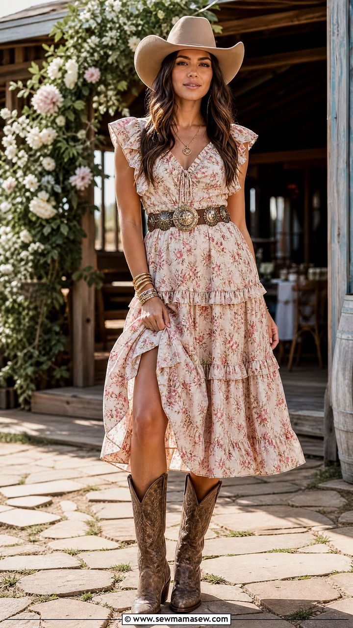 Cowgirl Outfit with Prairie Dress and Statement Belt - 30 cowgirl outfit ideas for women