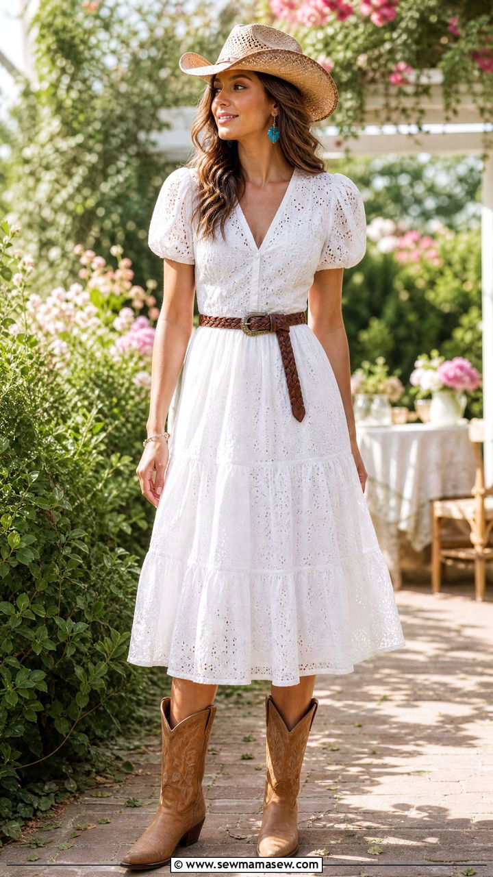 Cowgirl Outfit with White Eyelet Dress and Cowboy Boots - 30 cowgirl outfit ideas for women