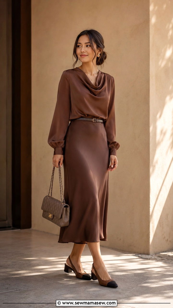 Cowl Neck Blouse Satin Midi Skirt - 30 casual outfits for short women