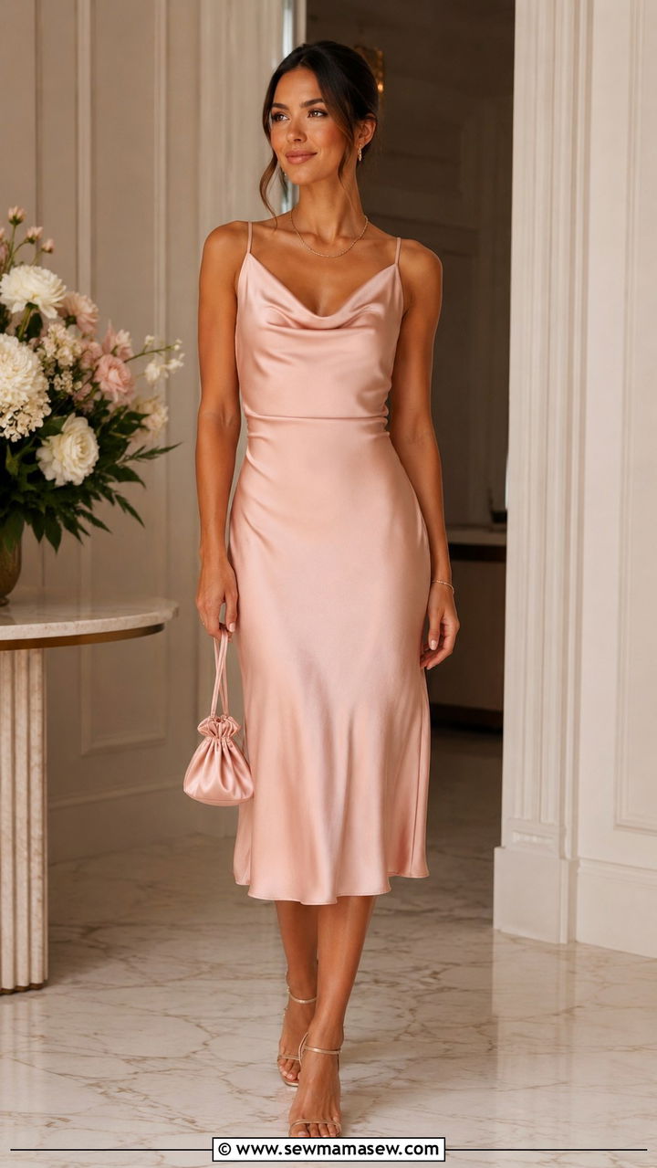 Cowl Neck Satin Midi Dress With Minimal Accessories - 30 Midi dress outfit ideas for summer