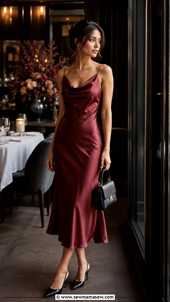 Cowl Neck Satin Midi Dress With Slingback Heels - 30 Midi dress outfit ideas with heels