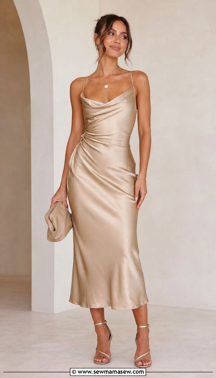 Cowl Neck Slip Dress with Strappy Heeled Sandals - 25 Slip dress outfit ideas with heels