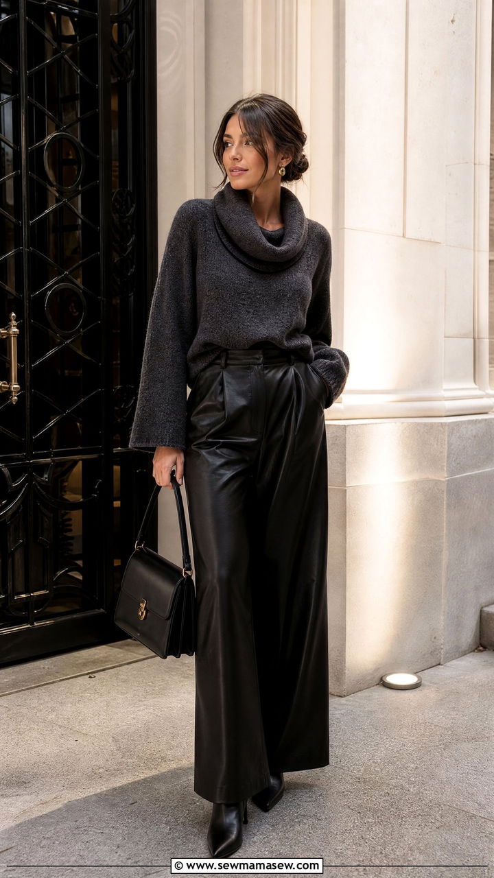 Cowl Neck Sweater With Wide Leg Leather Pants - 25 Outfits for wide shoulders