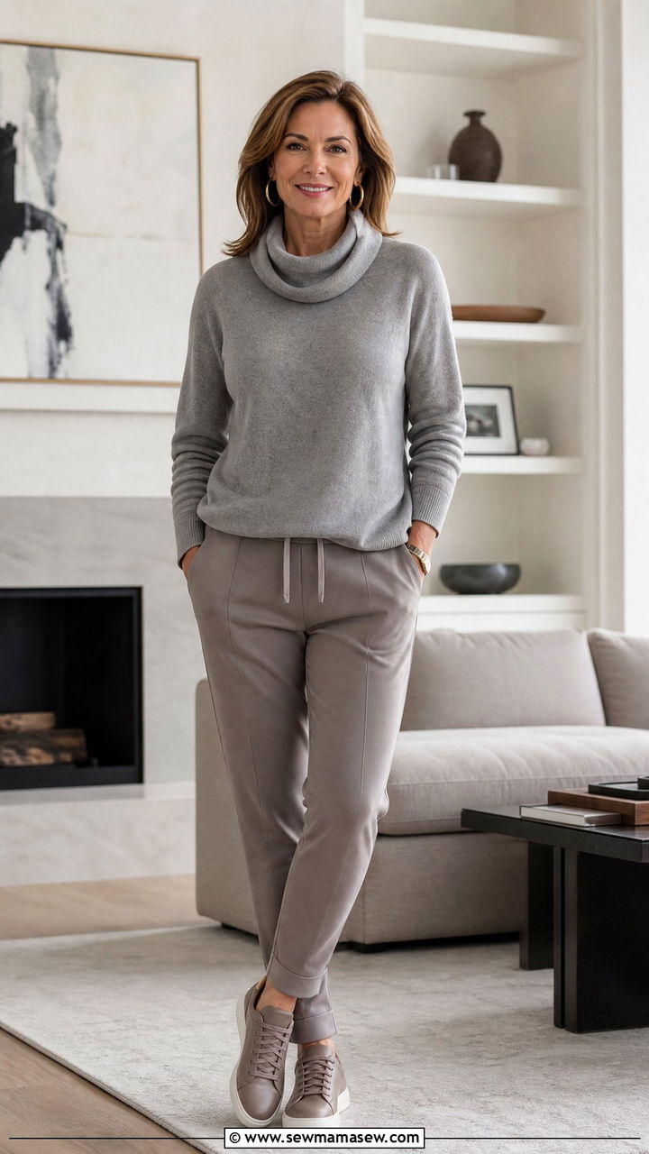 Cowl Neck Sweater with Tailored Joggers Outfit - 35 Loungewear outfit ideas for women over 40