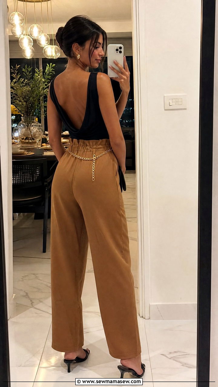 Cowl back bodysuit with paperbag waist trousers and mules - 25 Outfit ideas to flatter back