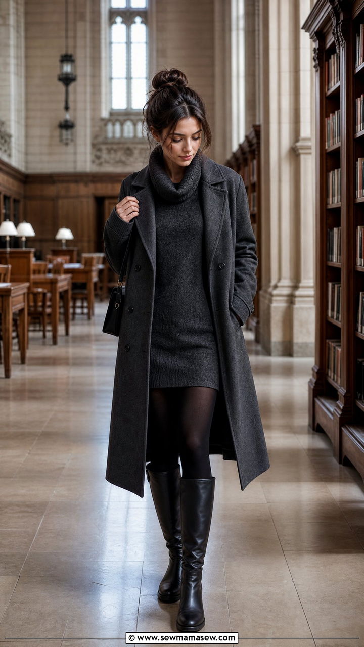 Cowl neck sweater dress with opaque tights and knee high flat boots - 30 College library outfit ideas