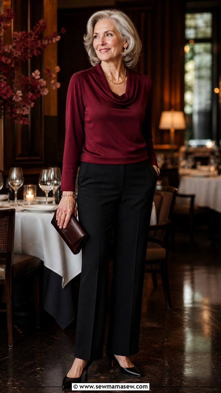 Cowl neck top and straight trousers outfit for women over 60 - 40 How to dress in your 60s