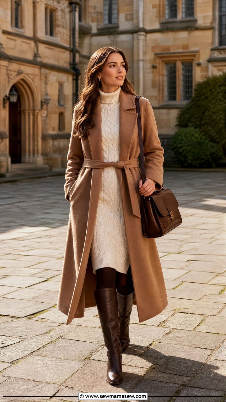 Cozy Academia Wrap Coat And Cable Knit Dress - 25 Fashion for college sophomore