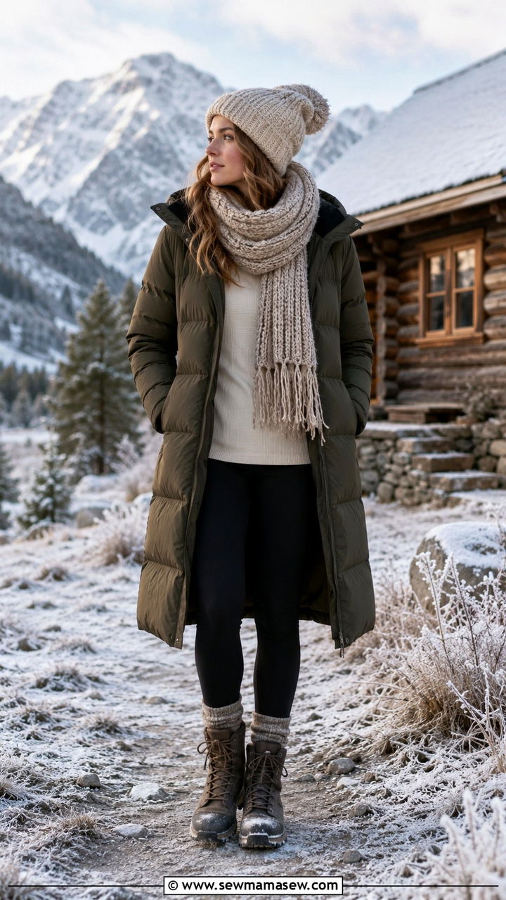 Cozy Accessories Outfit with Puffer Coat Beanie and Chunky Scarf - 30 Spring cabin weekend outfits