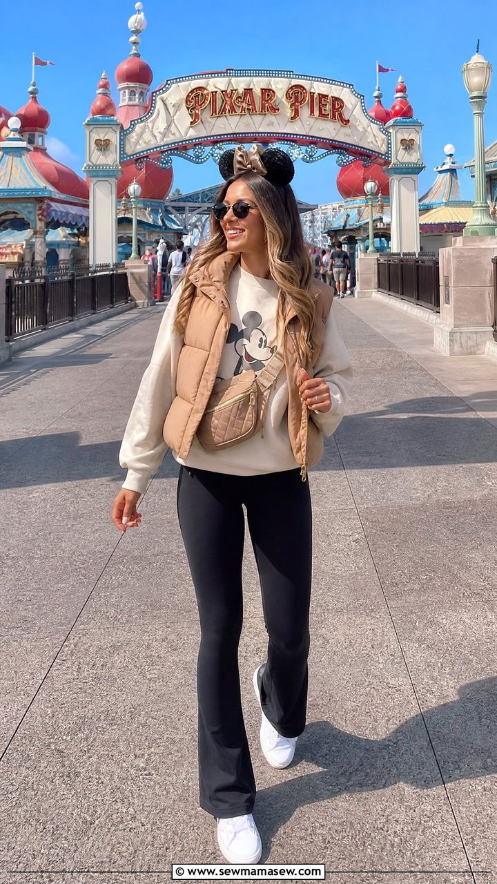 Cozy California Minnie with Puffer Vest - 25 Disneyland outfit ideas 2026