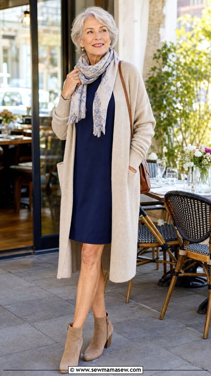 Cozy Cardigan Over A Simple Shift Dress - 35 Brunch outfits for women over 60