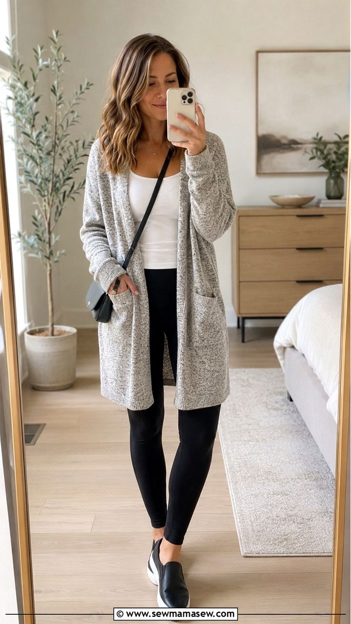 Cozy Cardigan With Black Leggings And White Tank - 30 Chill spring outfit ideas