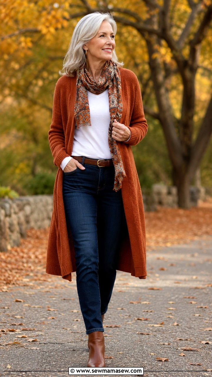 Cozy Cardigan With Dark Wash Jeans and Ankle Boots - 25 Outfit ideas for women over 50 2026