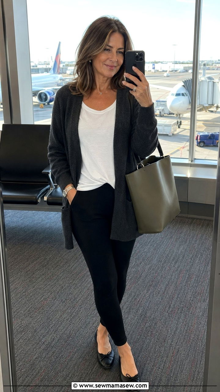 Cozy Cardigan With Leggings Airport Outfit - 35 Airport outfits for women over 40