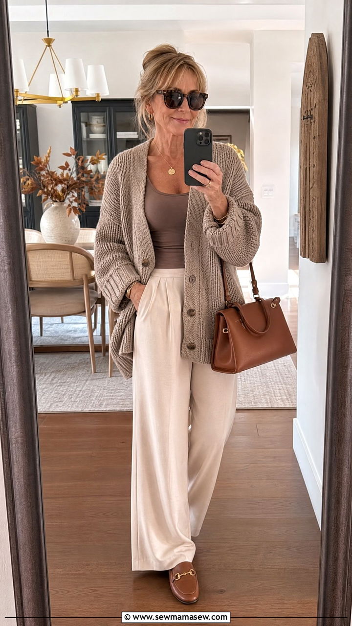 Cozy Cardigan With Neutral Wide Leg Trousers - 25 Brunch outfit ideas for women over 50