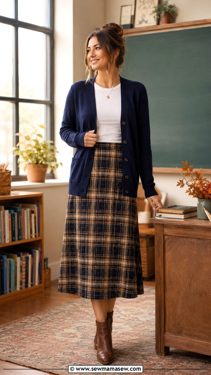 Cozy Cardigan With Plaid Midi Skirt - 30 transitional teacher outfit ideas