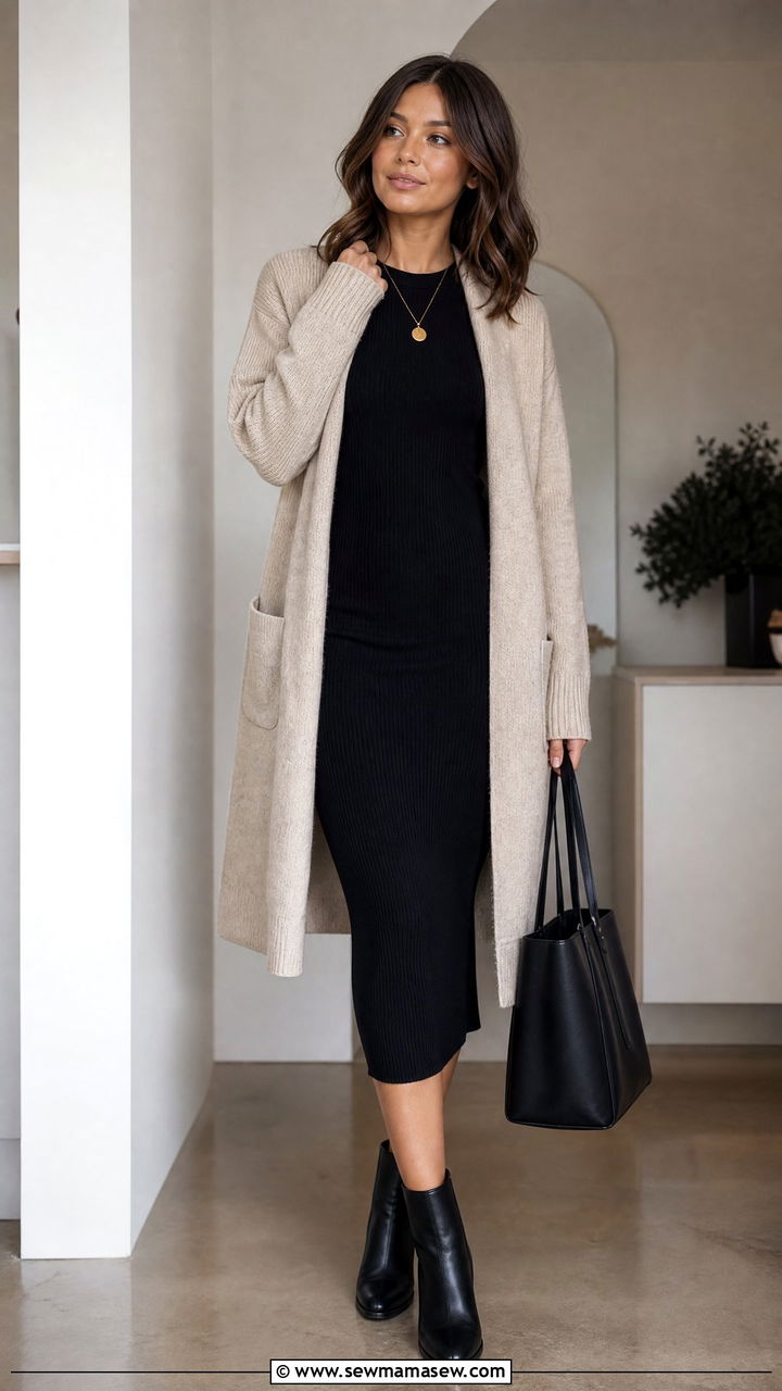 Cozy Cardigan and Ribbed Midi Dress - 25 casual aesthetic outfits