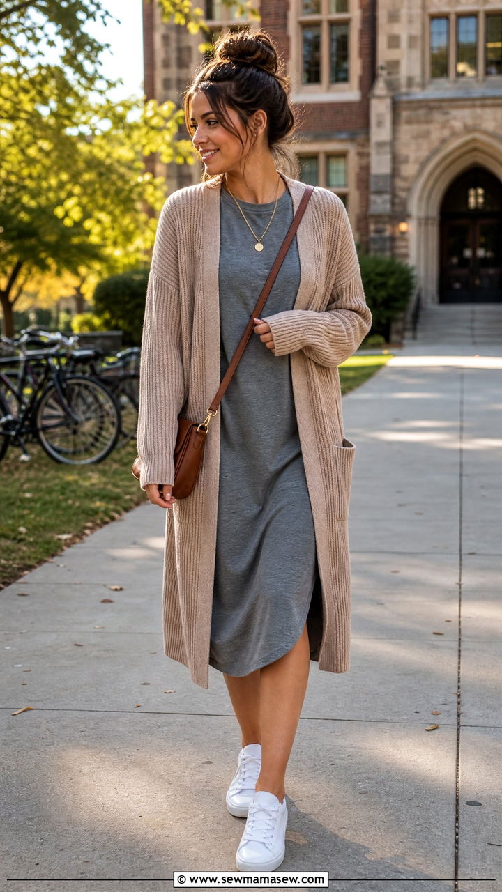 Cozy Cardigan and T Shirt Dress Outfit - 25 Fashion for college freshman