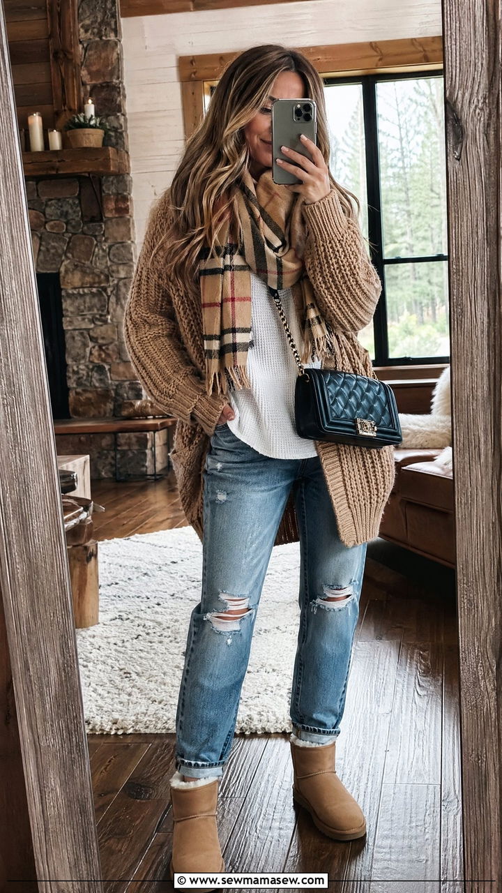 Cozy Cardigan and UGGs With Distressed Jeans - 35 Distressed jeans outfit ideas