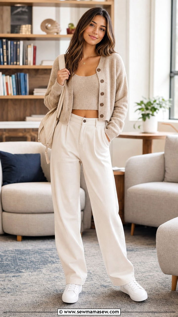 Cozy Cardigan over a Camisole with Relaxed Trousers - 35 Back to school outfit ideas 2026