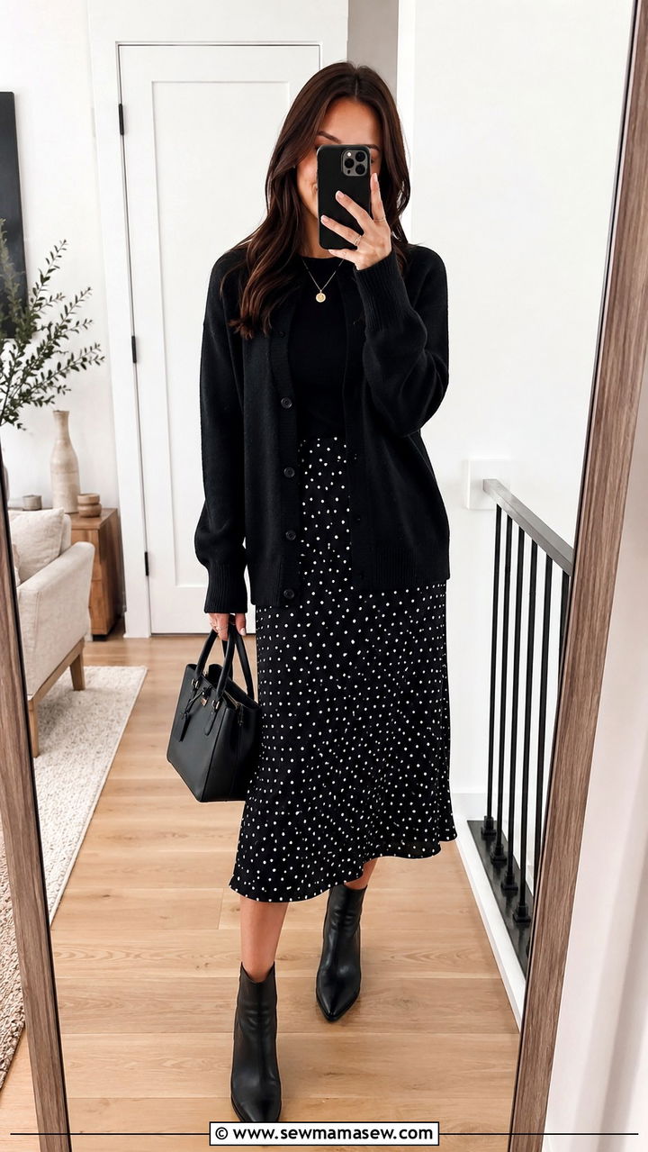 Cozy Cardigan with Polka Dot Midi Skirt - 30 Business casual outfits for Mondays