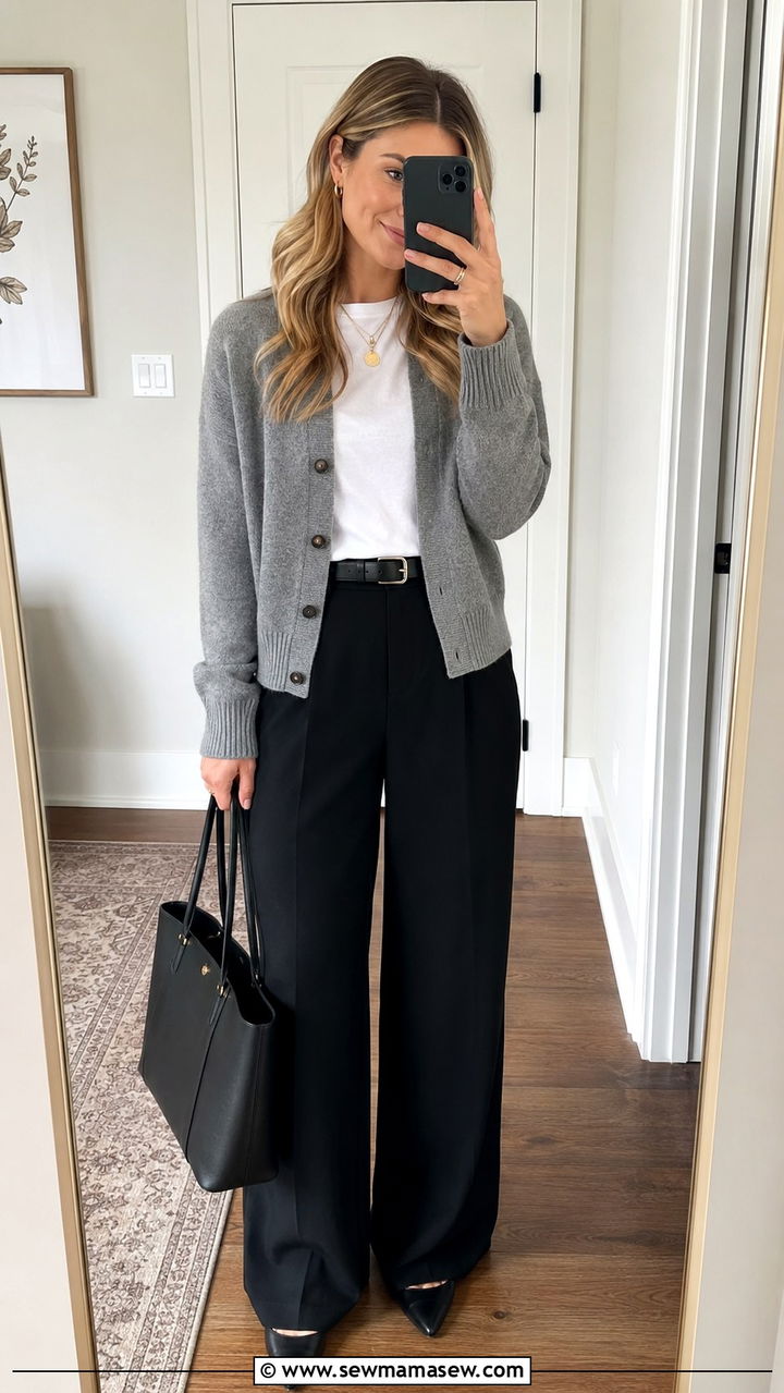 Cozy Cardigan with White Tee and Wide Leg Trousers - 30 Spring outfit ideas for teacher