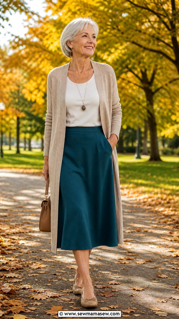 Cozy Cardigan with an A Line Midi Skirt and Ballet Flats - 20 70 year old woman outfit ideas