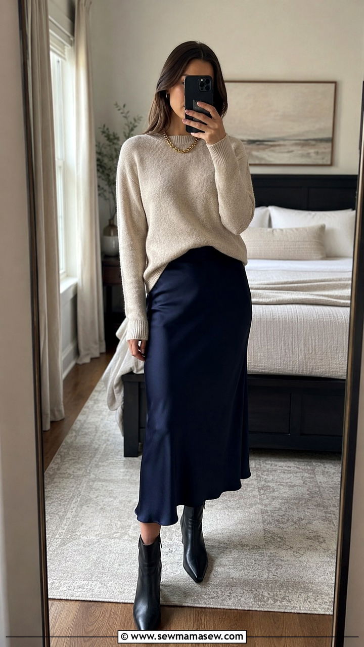 Cozy Cashmere Sweater With Satin Midi Skirt - 30 Outfit ideas for working moms