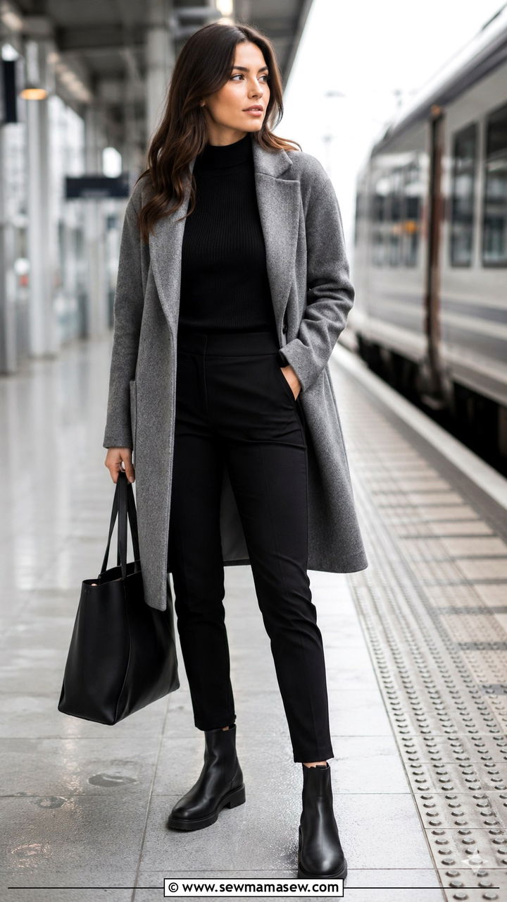 Cozy Gray Coat with All Black Base and Leather Tote - 30 transitional rainy day outfit ideas