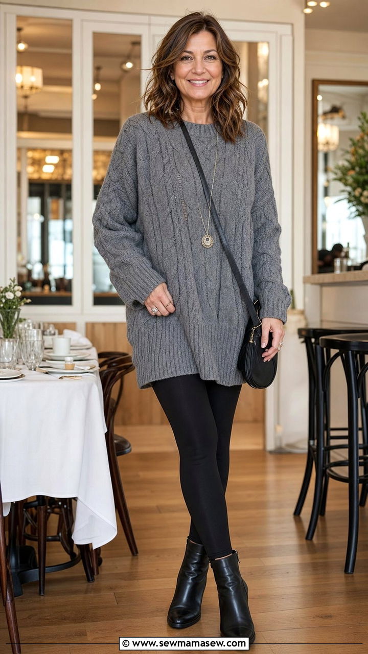 Cozy Gray Sweater with Black Leggings and Ankle Boots - 35 Brunch outfits for women over 40