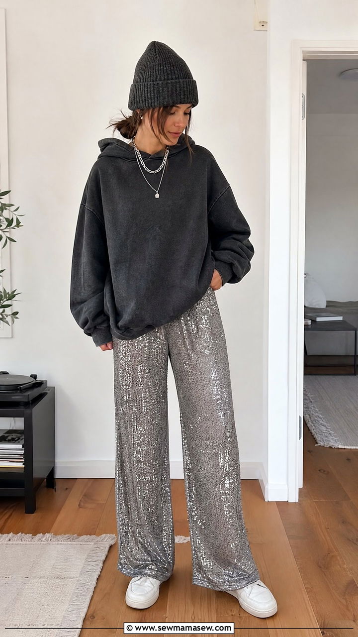Cozy Hoodie And Sequin Pants With Sneakers - 25 Indie girl outfit ideas 2026
