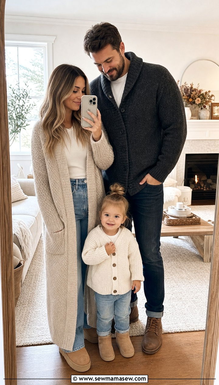 Cozy Knit Cardigan Family Outfit With Toddler Bun - 25 Family photo outfit ideas with toddler
