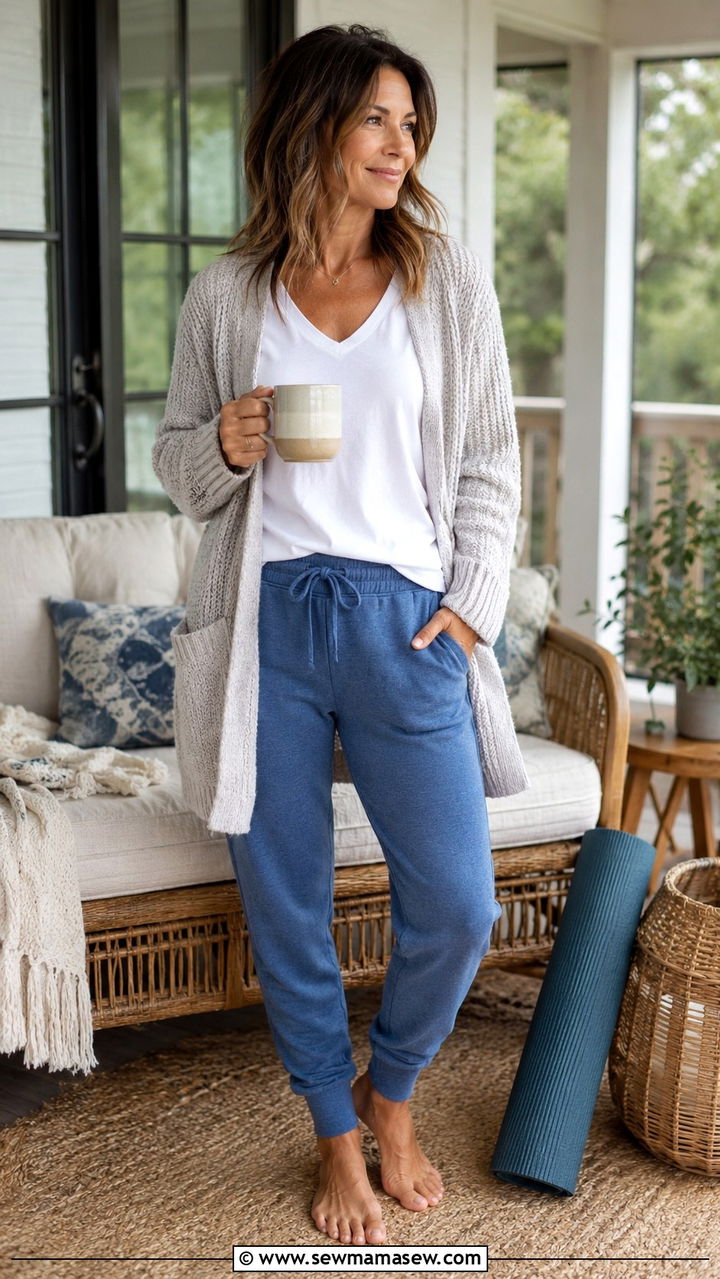 Cozy Knit Cardigan With Blue Joggers Outfit - 30 Outfit ideas for women over 40 athleisure