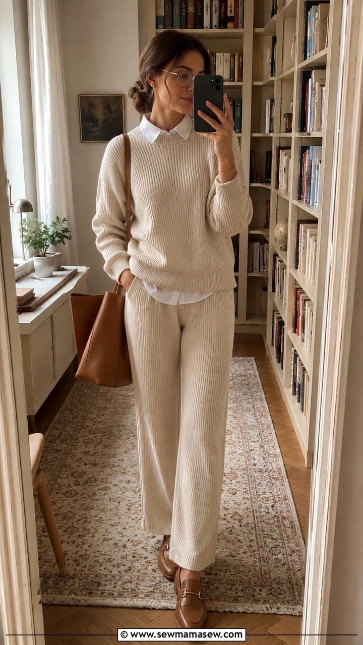 Cozy Knit Lounge Set with Loafers - 30 light academia outfits to copy