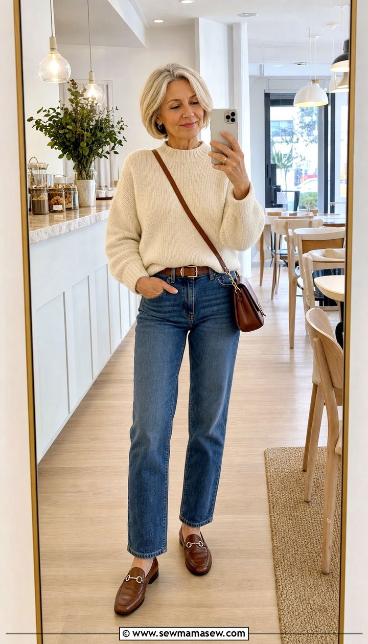Cozy Knit Sweater With Classic Straight Leg Jeans Outfit - 35 Brunch outfits for women over 50