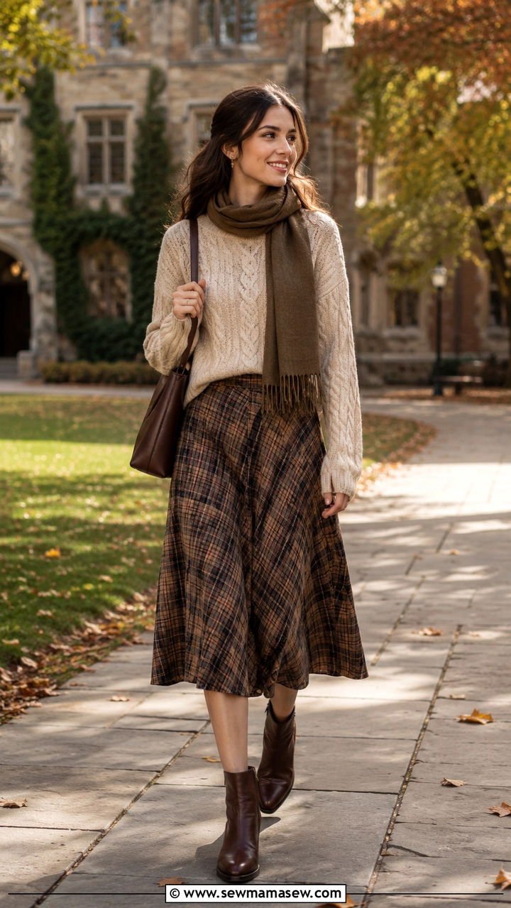 Cozy Knit Sweater and Plaid Midi Skirt - 30 Romantic academia outfit ideas