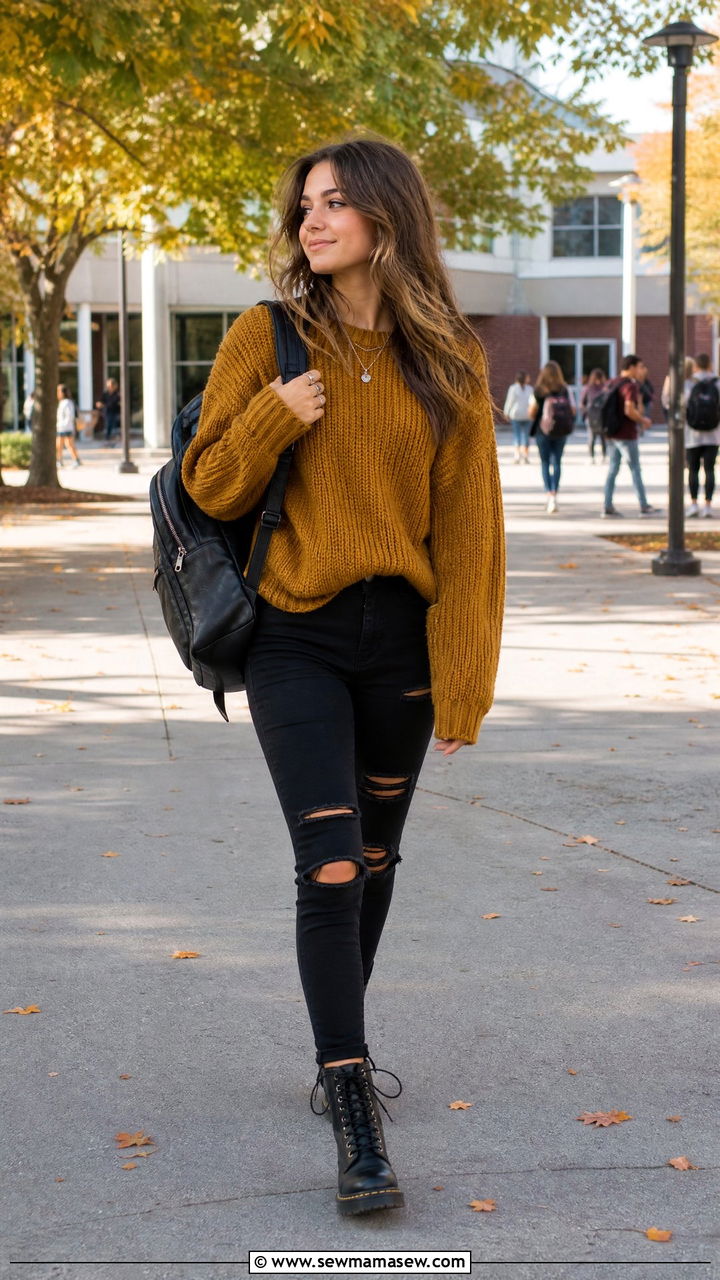 Cozy Knit Sweater and Ripped Black Jeans Outfit - 25 First day of high school outfit ideas