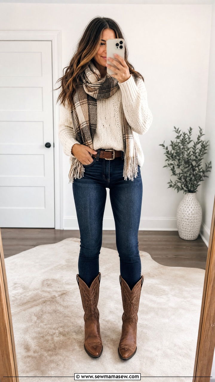 Cozy Knit Sweater and Skinny Jeans with Cowboy Boots - 25 seasonal country concert outfit ideas