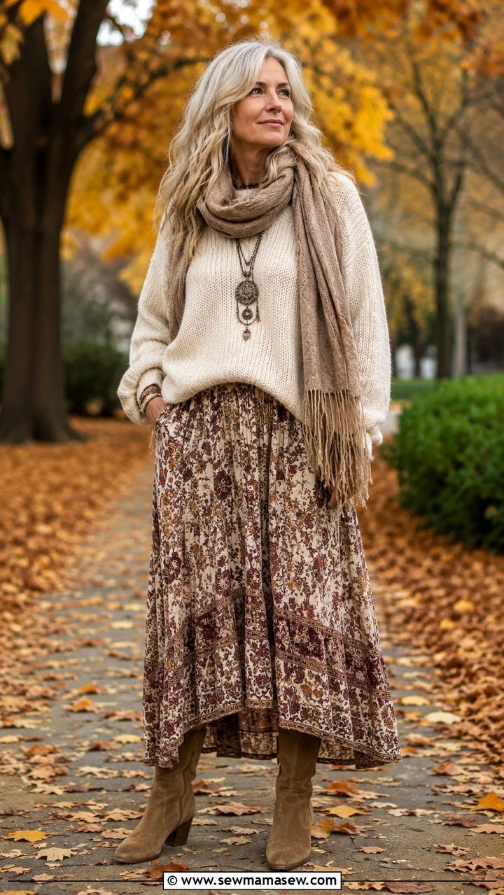 Cozy Knit Sweater with a Printed Maxi Skirt - 30 Boho outfit ideas for women over 50