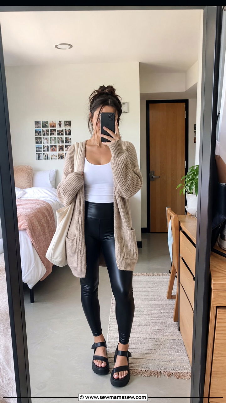Cozy Oversized Cardigan And Faux Leather Leggings - 25 Fashion for college sophomore