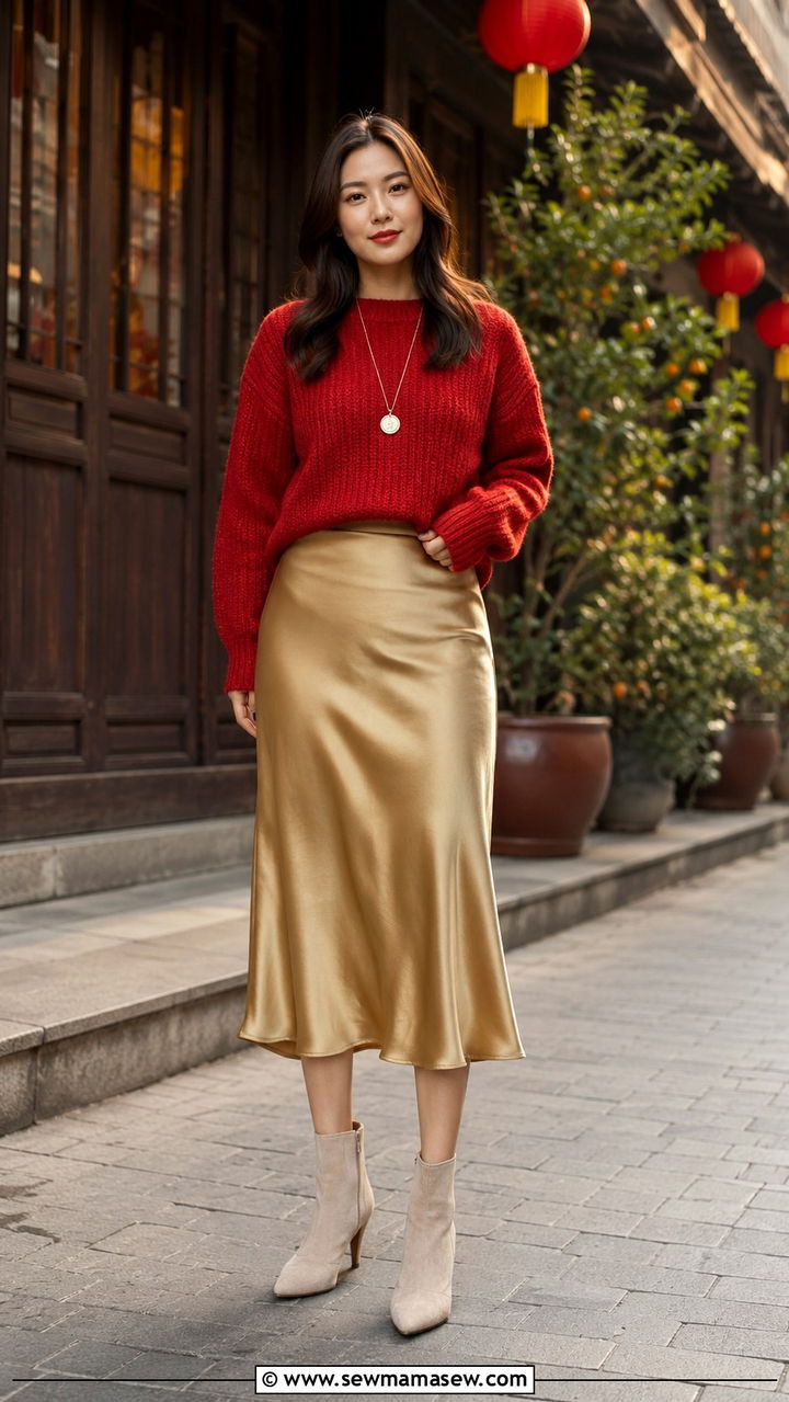 Cozy Red Sweater with Satin Midi Skirt - 30 Lunar new year outfit ideas