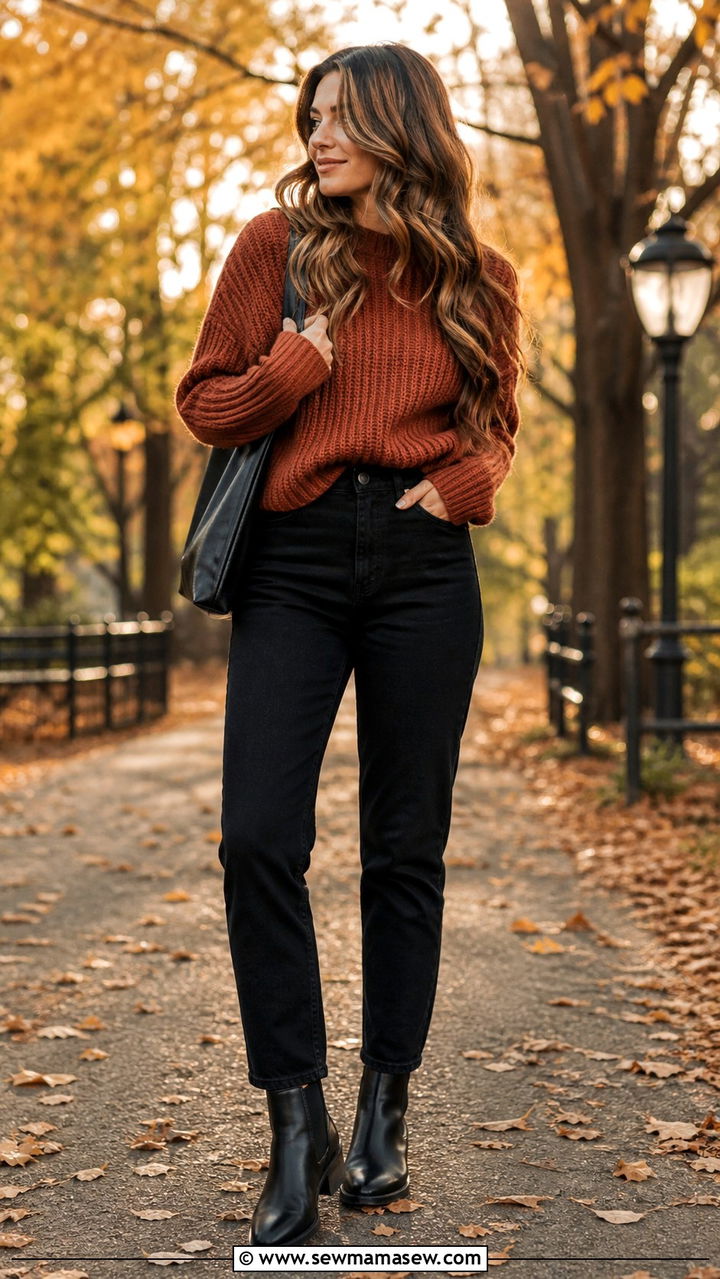 Cozy Rust Sweater With Black Jeans and Chelsea Boots - 40 casual black jeans outfits