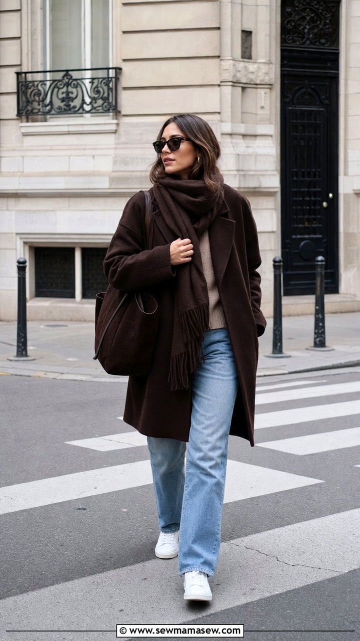 Cozy Scarf Coat With Straight Jeans and Sneakers - 25 Cool aunt outfit ideas