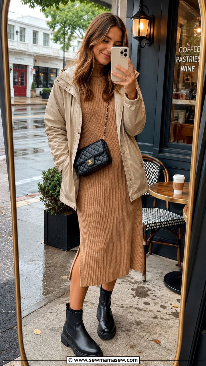 Cozy Sweater Dress With Waterproof Ankle Boots - 25 rainy day outfits trends
