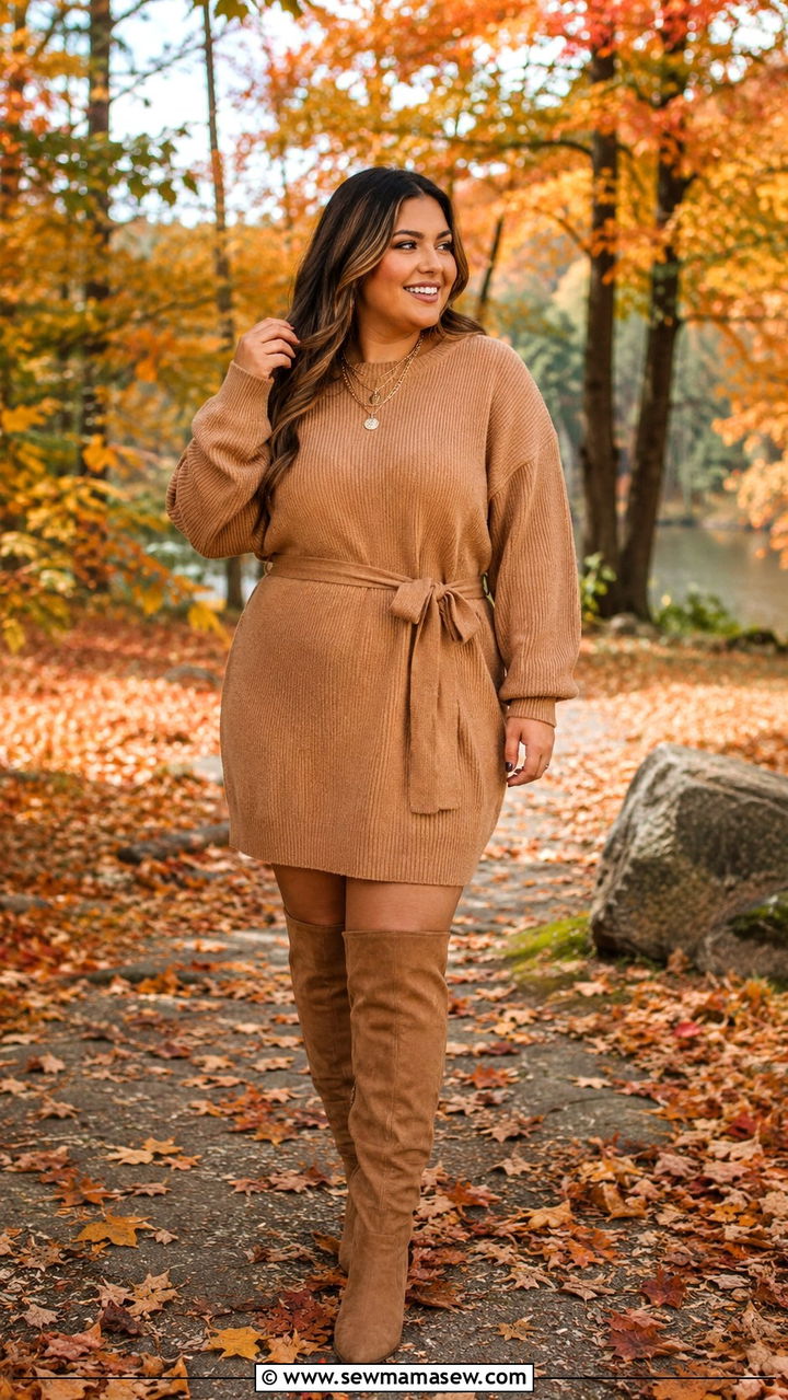 Cozy Sweater Dress and Knee High Boots for Photoshoot - 25 Photoshoot outfits for midsize women