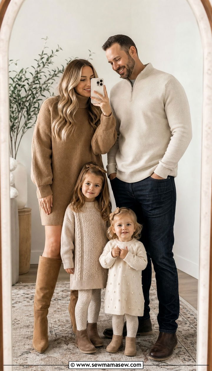 Cozy Sweater Dress and Tan Accessories Family Photo Outfit - 25 family photo outfits aesthetic
