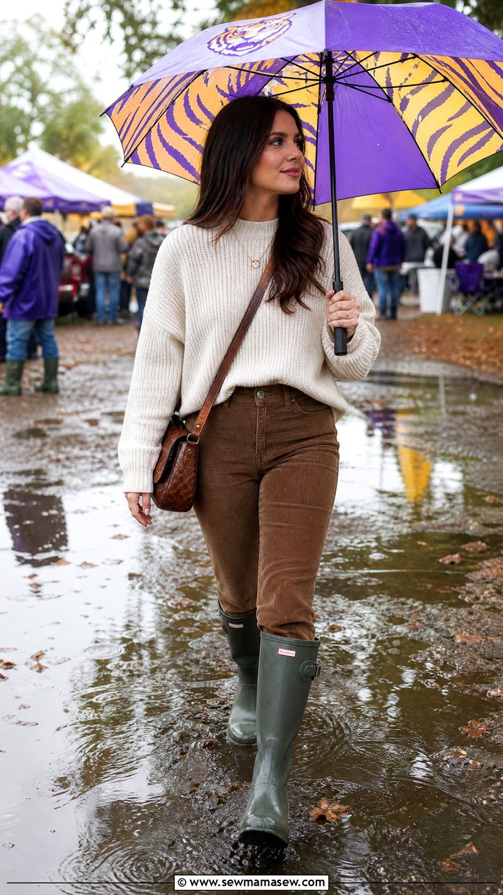 Cozy Sweater With Waterproof Boots And A Printed Umbrella - 25 Gameday outfit ideas rainy weather