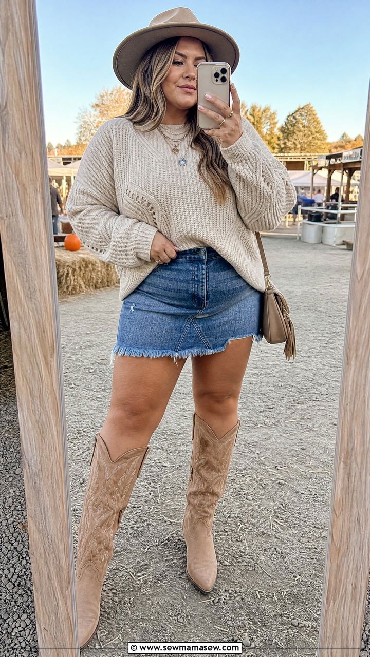 Cozy Sweater with Denim Skirt and Embroidered Boots - 30 Country concert outfit ideas plus size