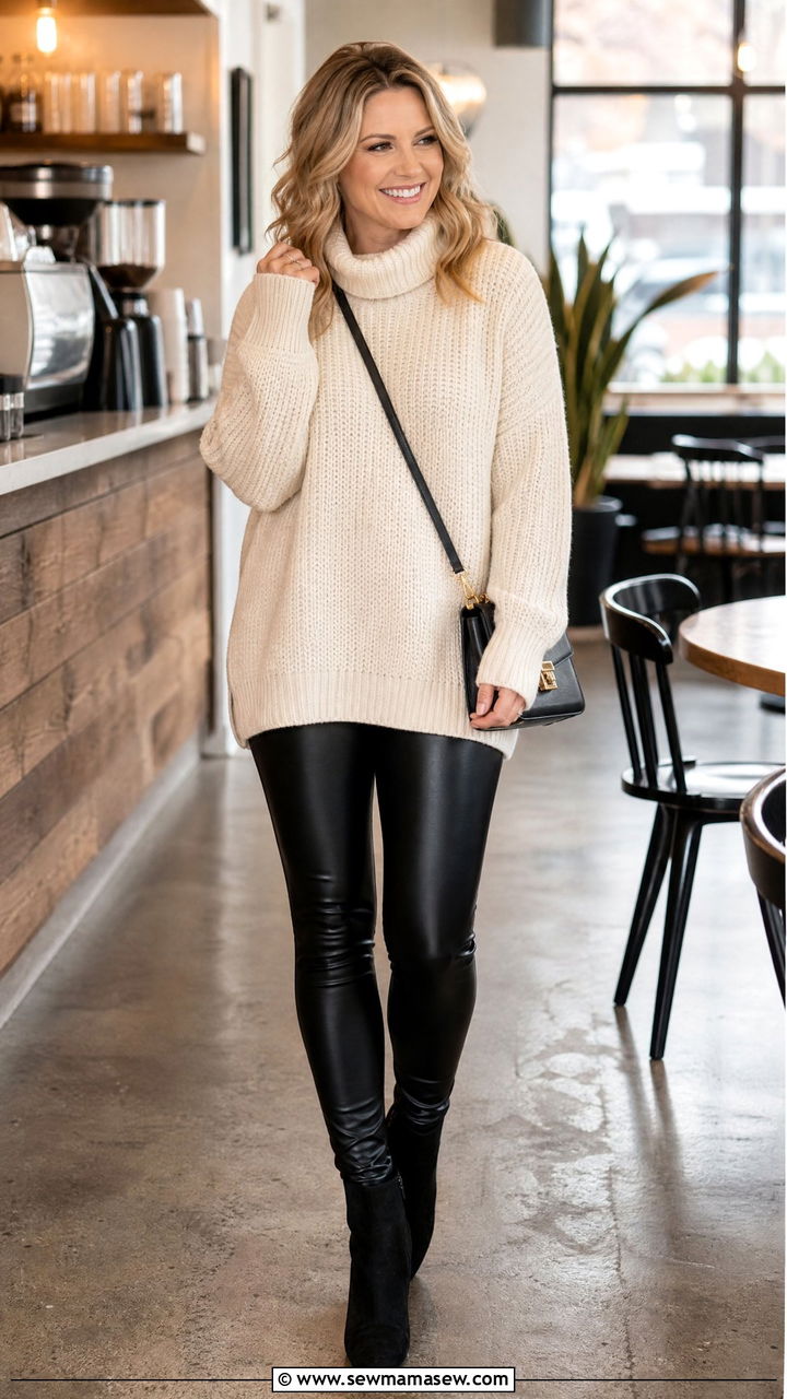 Cozy Sweater with Faux Leather Leggings - 30 everyday outfit ideas for women over 40
